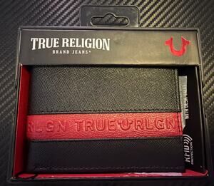 New True Religion Men's Genuine Leather Black Bifold Wallet RFID Red Stripe